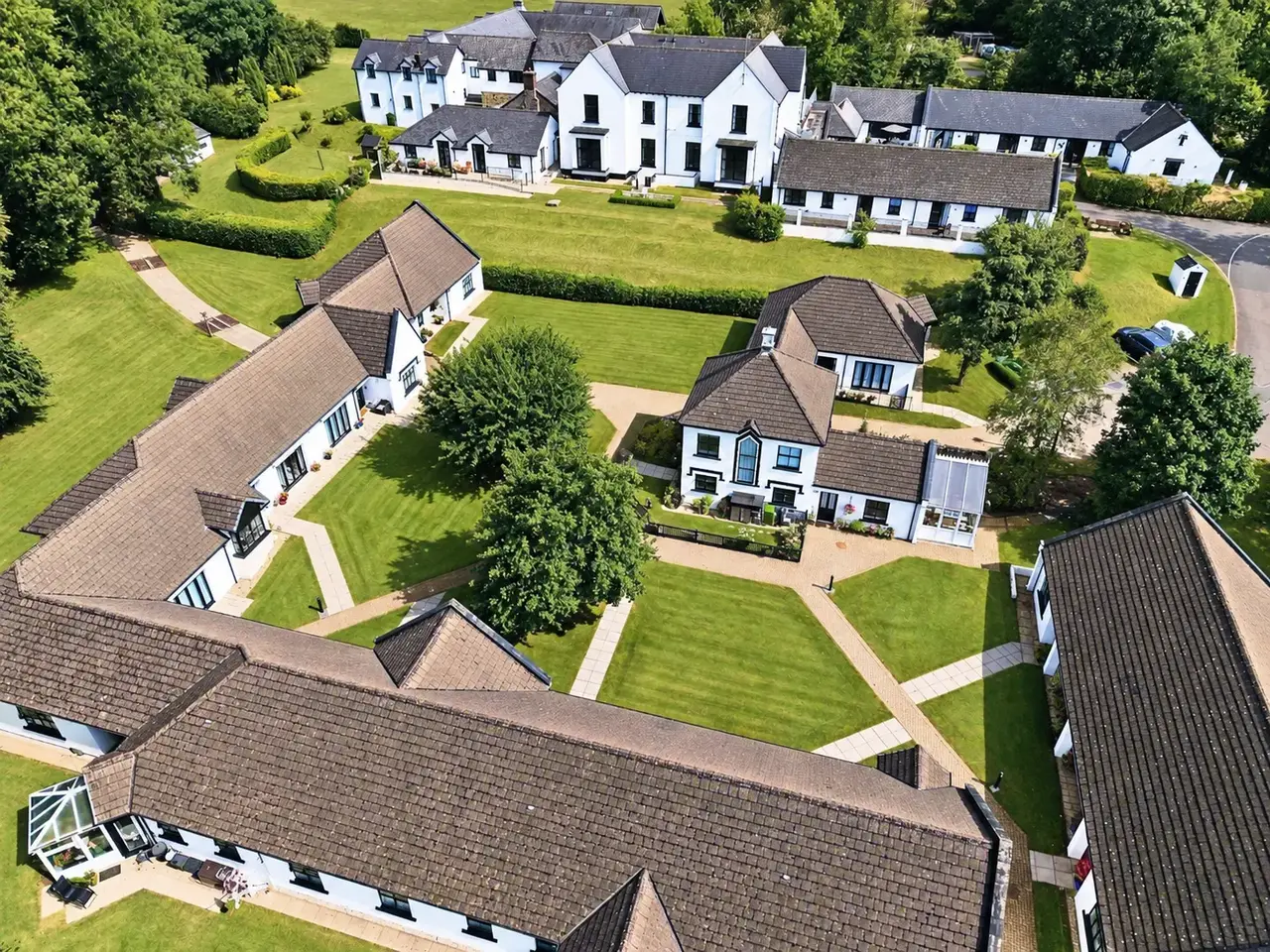 Aerial view of Springfields, its landscaped gardens and surrounding buildings